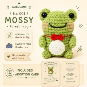 🐸No.001 Mossy – Handmade Crochet Frog with Identity Card & Adoption Certificate