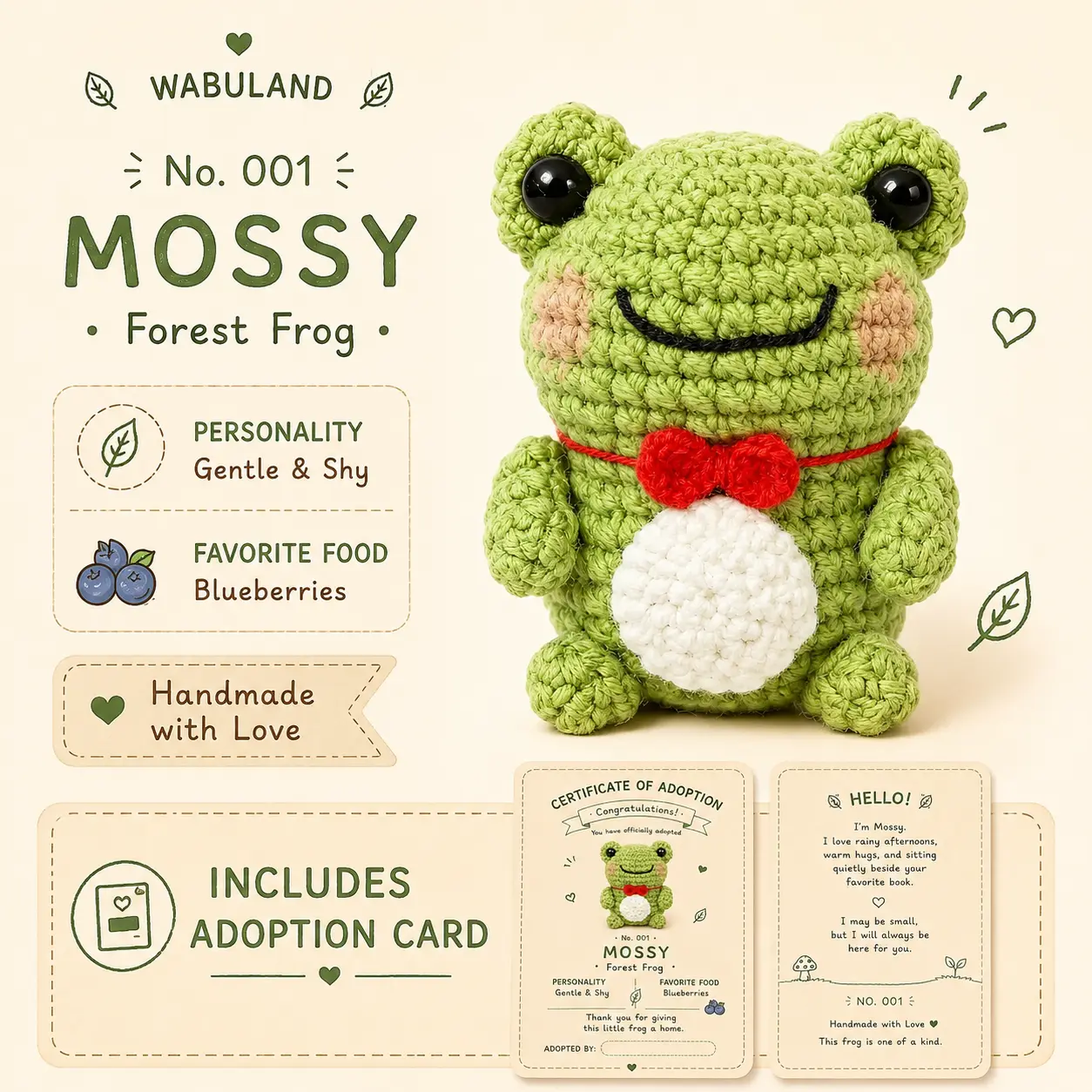 🐸No.001 Mossy – Handmade Crochet Frog with Identity Card & Adoption Certificate