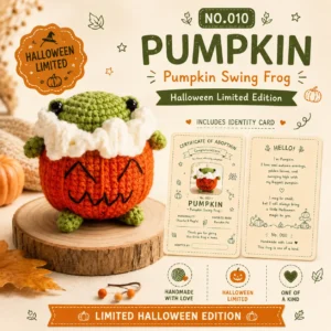 🐸 NO.010 Pumpkin – Halloween Limited Crochet Frog Charm 🎃 | Handmade Collectible Plush with Adoption Card