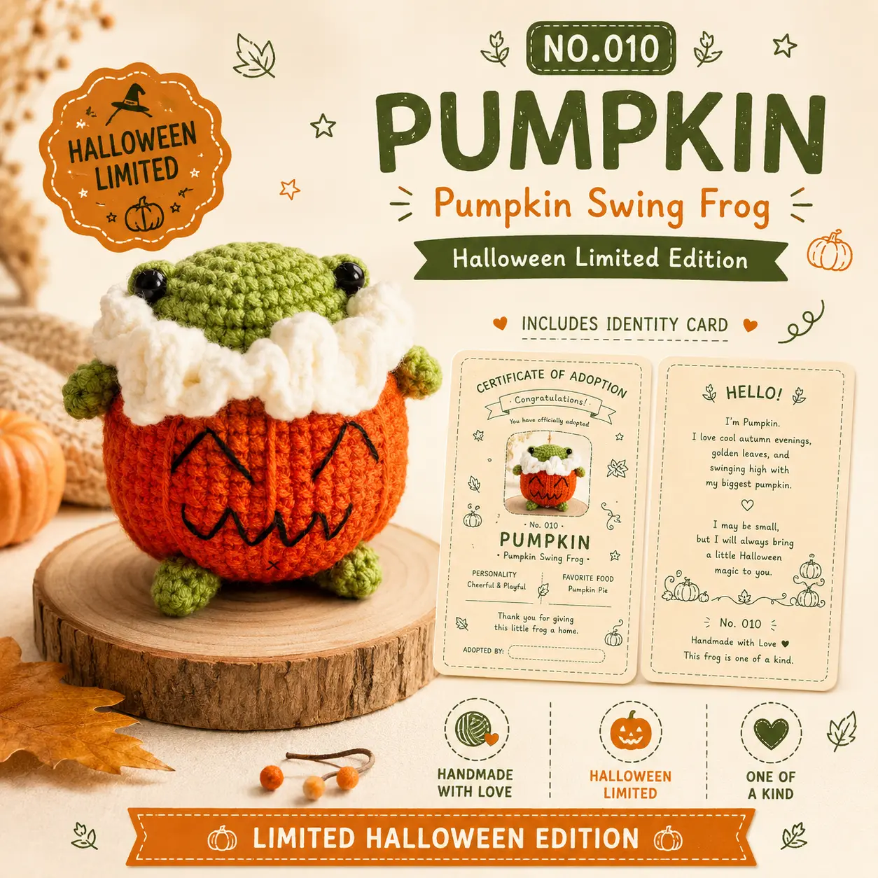 🐸 NO.010 Pumpkin – Halloween Limited Crochet Frog Charm 🎃 | Handmade Collectible Plush with Adoption Card