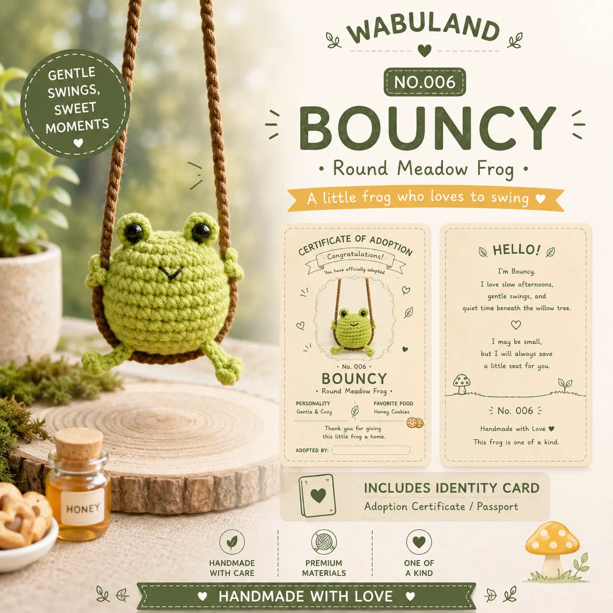 🐸 No.006 Bouncy – Round Meadow Frog🚗 Swing With Every Journey