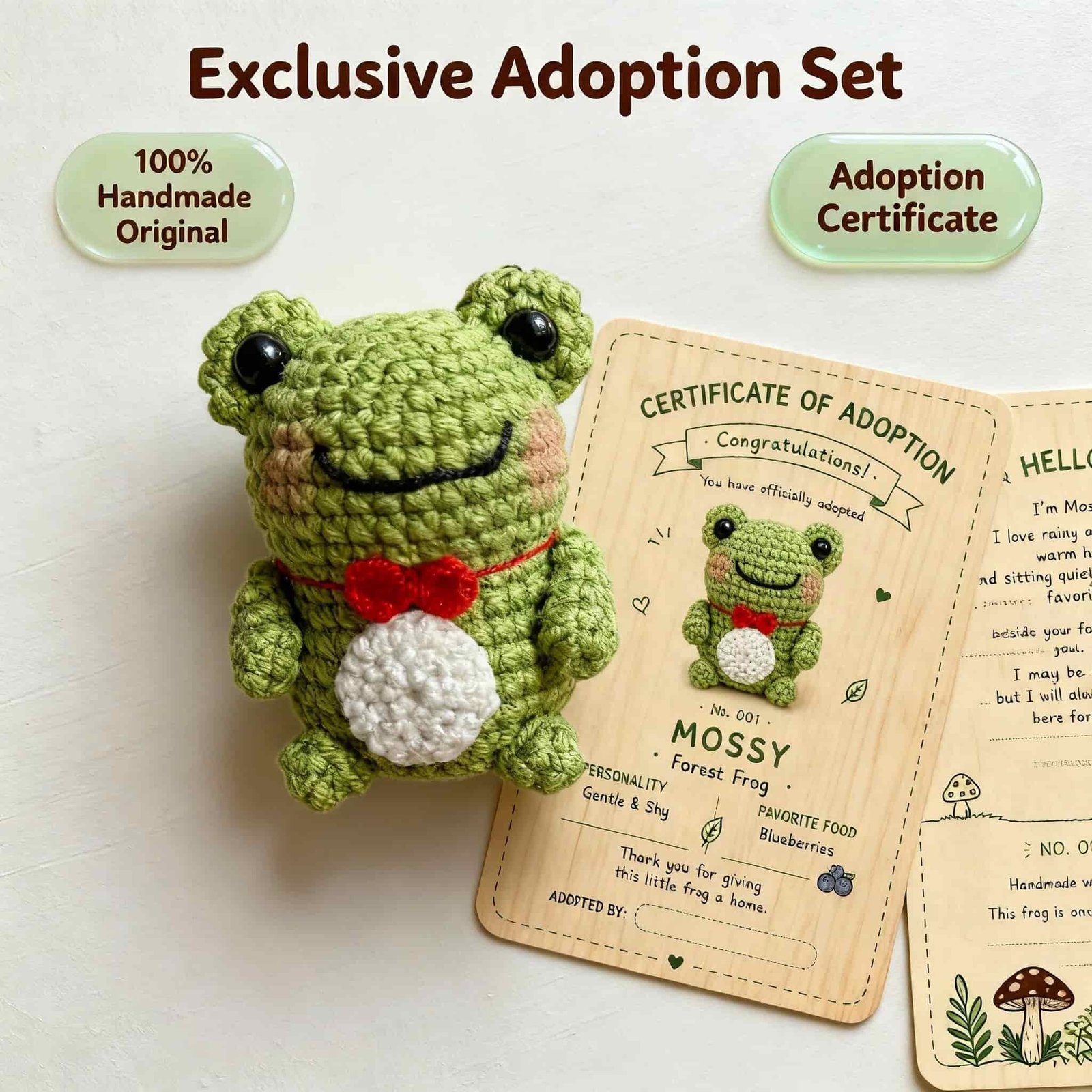 🐸No.001 Mossy – Handmade Crochet Frog with Identity Card & Adoption Certificate - Image 3