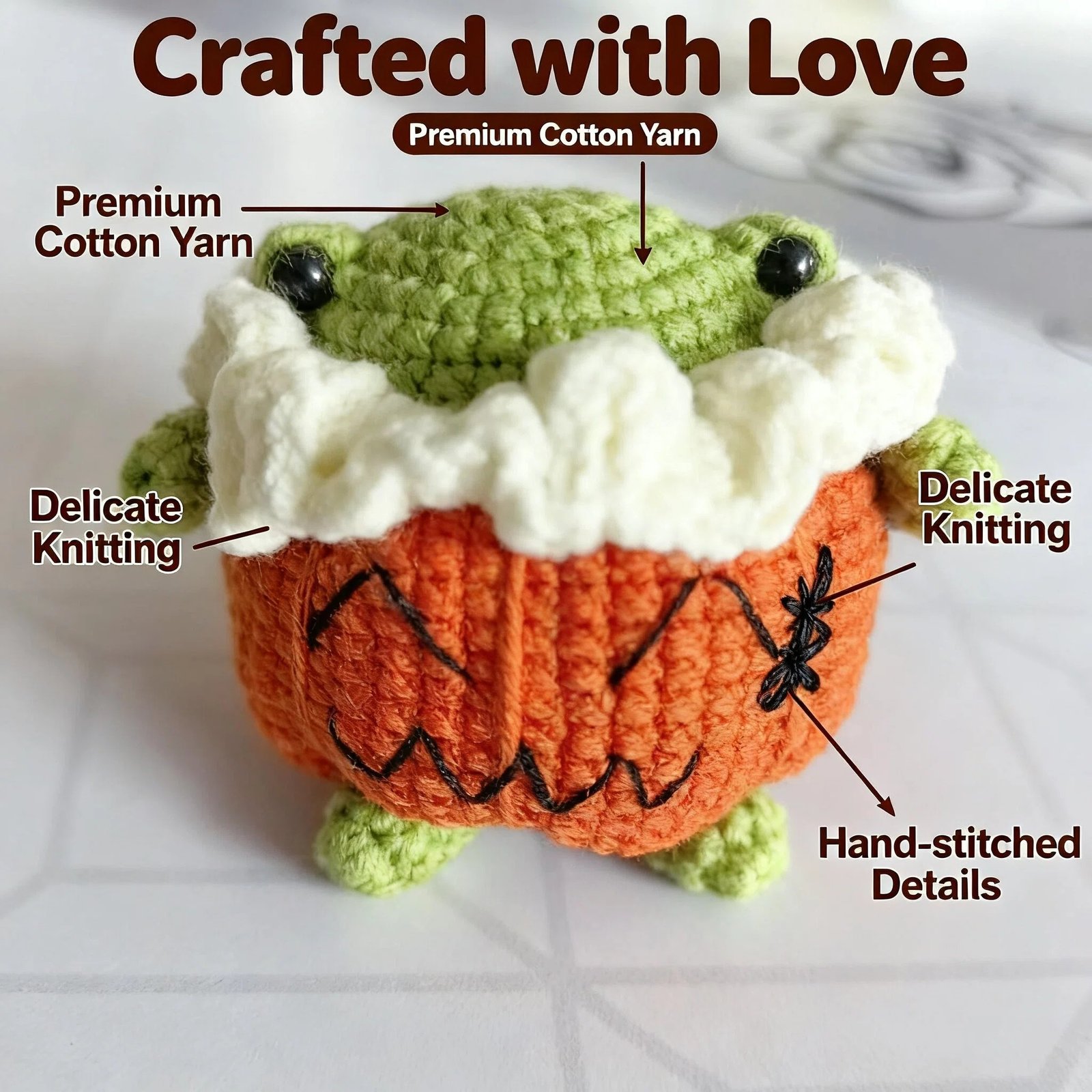 🐸 NO.010 Pumpkin – Halloween Limited Crochet Frog Charm 🎃 | Handmade Collectible Plush with Adoption Card - Image 3